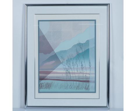 Large original color lithograph entitled Cloudscape II of an abstracted landscape where rows of clouds falling onto the horiz