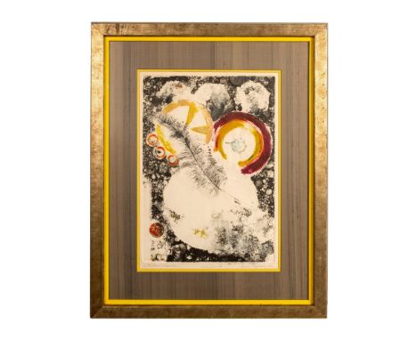 Original aquatint and etching on embossed paper entitled A Feather's Joyride by American Modernist Kris Taylor. The feather f