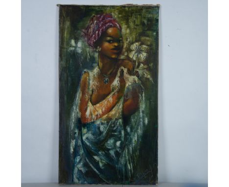 This splendid original oil on canvas is a portrait by Master painter Jean-Rene Jerome who founded the reputed Haitian School 