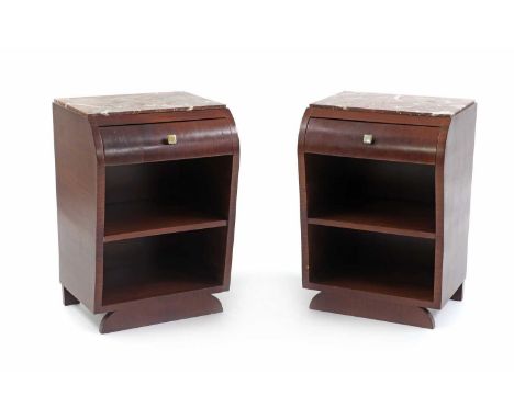 A pair of Art Deco walnut bedside tables,each with a veined marble top, over a sloping front with a single frieze drawer and 