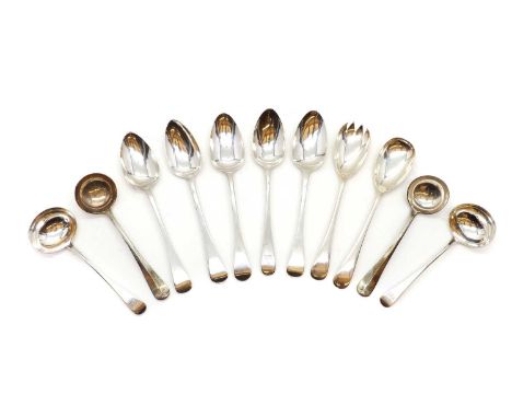 A collection of silver flatwarecomprising five Old English pattern serving spoons, London 1807 - 1829, four ladles, including