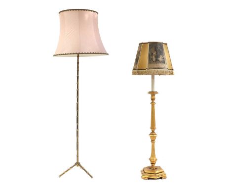 A brass faux bamboo floor lamp,20th century, raised on a tripod stand, 183cm approxand another, gilt painted wood, each with 