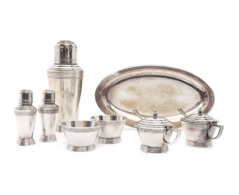 A Mappin and Webb silver plated tea service,stamped marks, designed by Keith Murray, comprising two pairs of cruet sets, 8cm 