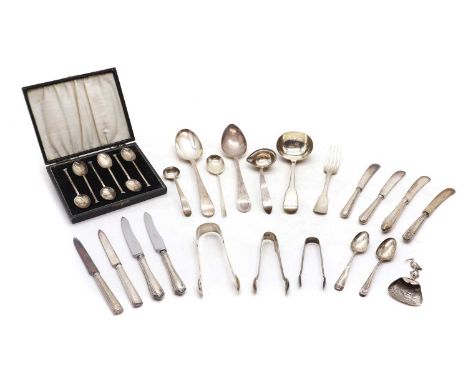 A collection of silver flatware,a pair of George III bright-cut serving spoons, a pair of Victorian sugar tongs, a Dutch cadd