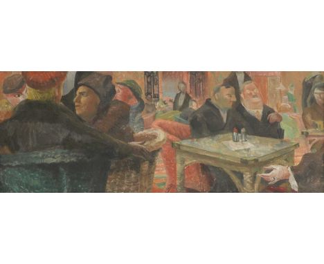 German School, c.1930, figures in a cafeoil on canvas36 x 91.5cmCondition Reportoverall: 48.5 x 104cm. Minor dent in canvas n