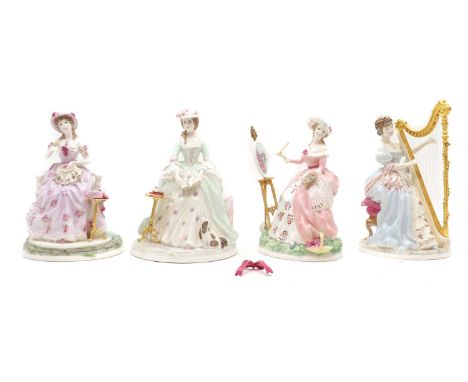 A Royal Worcester porcelain 'Graceful Arts' group,comprising 'Poetry', 25cm high, 'Music', 23cm high, 'Embroidery', 24cm high