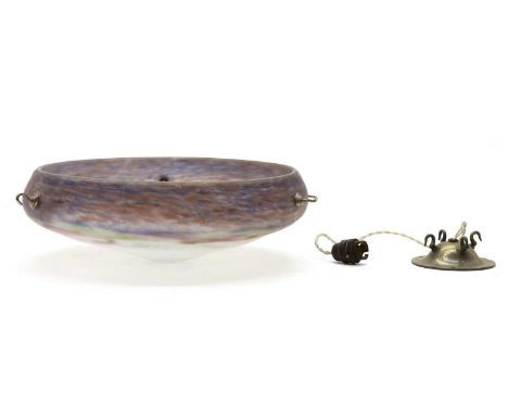 A Muller Freres Luneville glass plafonnier,the mottled glass body in shades of purple, blue and green, acid etched signature,
