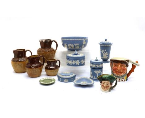 A collection of Wedgewood Jasperware items,to include a bowl, 20cm wide, two lidded pots of circular form, largest 12cm diame