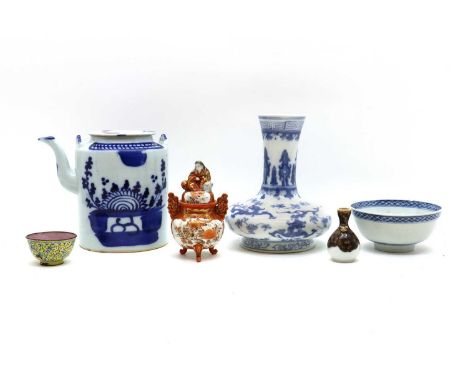 A group of Chinese and Japanese miscellaneous,19th-20th century, comprising: a blue and white bottle vase, teapot and bowl, a