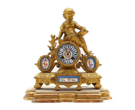 A French Sevres style mantel clock,late 19th century, surmounted by a putto reading, above a porcelain dial with Roman numera