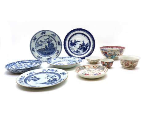 A collection of Chinese export porcelain, 18th to 19th century, including five blue and white plates, a famille rose tea bowl