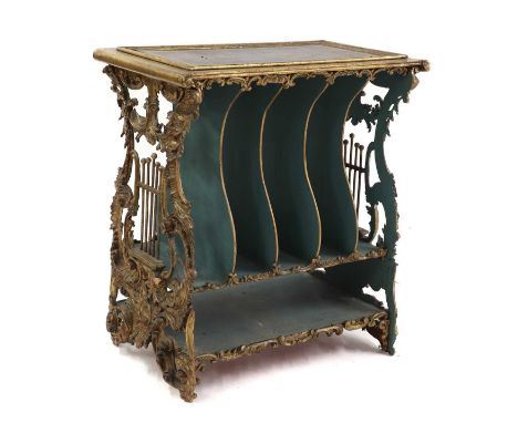 A Continental giltwood framed folio stand,late 19th century, leather lined top, blue painted shelf divisions on lyre ends72cm