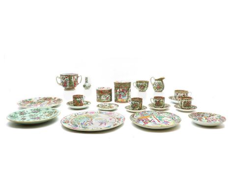 A collection of Chinese Canton export famille rose, 19th century, comprising four plates, seven saucers, two boxes and covers