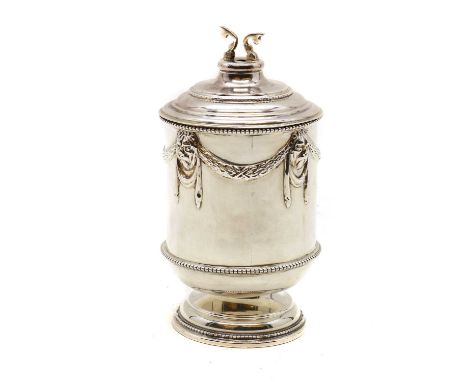 A George IV silver tea caddy,by Martin, Hall &amp; Co, London 1822, of urn form decorated with swags and raised on a stepped 