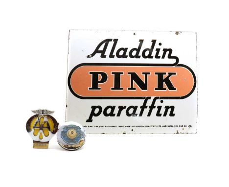 An Aladdin Pink Paraffin Enamel sign, 46.5 x 36.5cmtogether with a AA badge,11cm highand a Barnacle car tax disc holder,Ford 