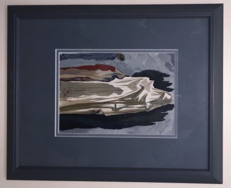 A colour lithograph after Salvador Dali, shrouded figures, H 24 x W 17 cm