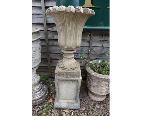 Stone pedestal planter on plinth - Approx height: 103cm 