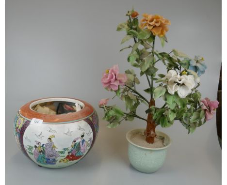 Oriental planter with artificial plant 