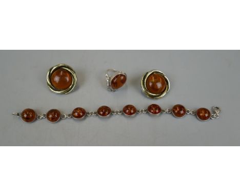 Silver and amber bracelet and ring together with pair of amber earrings