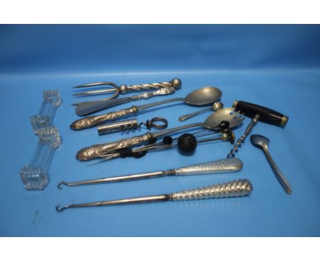 WHITE METAL ITEMS TO INCLUDE BUTTON HOOKS, A BREAD FORK ETC.