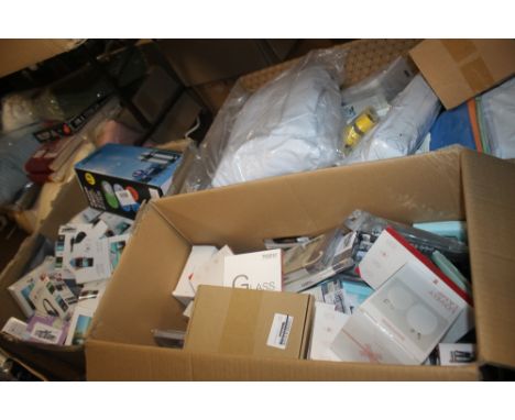 A QUANTITY OF SUNDRIES TO INCLUDE HOSE PIPE CONNECTORS, A TRAVEL FLASK, PHONE CASES ETC.