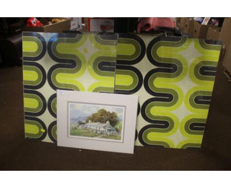 THREE VINTAGE ABSTRACT PRINTS TOGETHER WITH A SIGNED LIMITED EDITION PRINT OF A COUNTRY SCENE SIGNED 'GADD'
