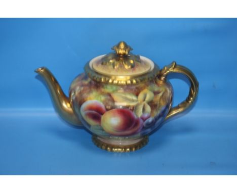 A ROYAL WORCESTER TEAPOT with hand painted fruit design, signed B. Cox, H approx. 16 cm