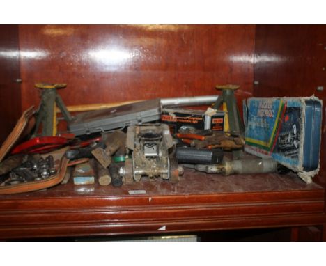 A COLLECTION OF TOOLS, AXLE STANDS, CAR JACK, SOCKET SETS ETC.