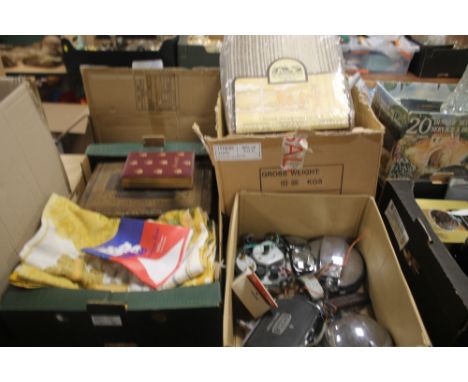 THREE TRAYS TO INCLUDE VINTAGE HEAD LAMPS, VINTAGE CURTAINS ETC.