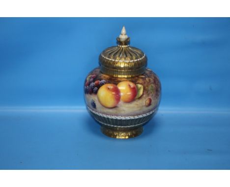 A ROYAL WORCESTER POT POURRI JAR with hand painted fruit design, signed S. Weston, H approx. 20 cm