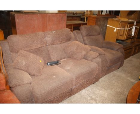 A TWO PIECE SUITE COMPRISING TWO SEATER SOFA AND POWERED RECLINER CHAIR
