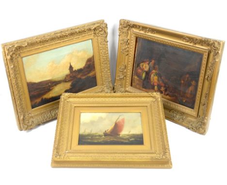 Four 19th century oils including a seascape with boat, unsigned, oil on canvas, and three others, all in gilt frames (4).    