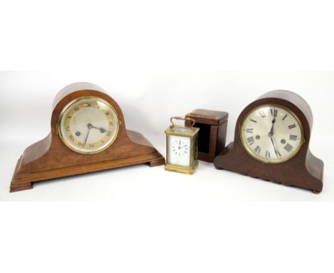 French brass carriage timepiece 14cm high retailed by Ernest Frahms of Dudley, cased, a walnut Napoleon hat clock and another