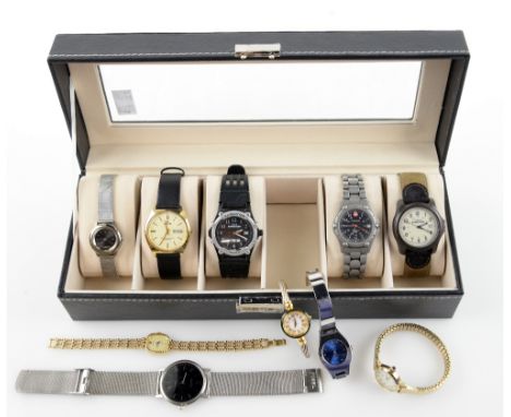 A group of watches including Fossil, Rotary, Pulsar, Guessm Timex, Wenger, all in one presentation box.     