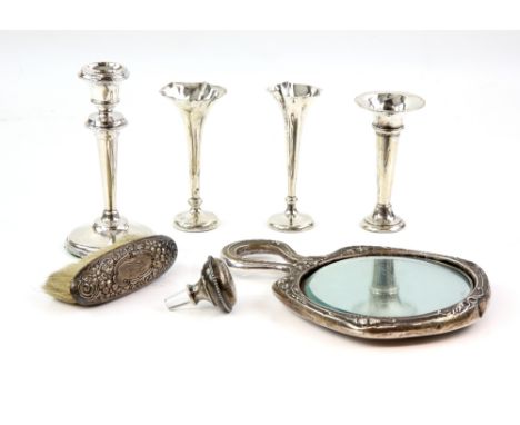 Selection of silver items to include an Art Nouveau hand held mirror decorated with a variety of fauna, a selection of silver