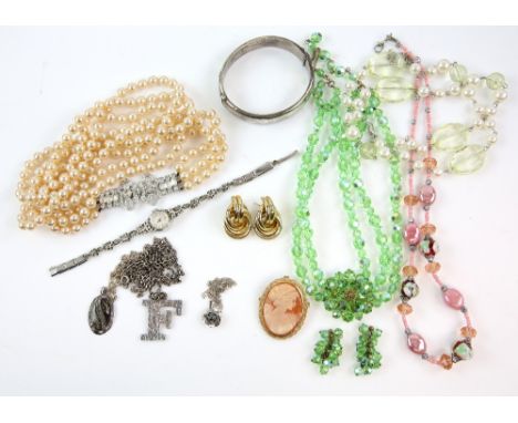 Group of silver and costume jewellery including a silver bangle, cameo pendant brooch with marks for 9 ct gold, Venetian glas