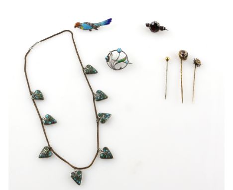 Mixed group of vintage  jewellery, turquoise set heart fringe necklace, enamel parrot brooch, quartz and seed pearl pin and o