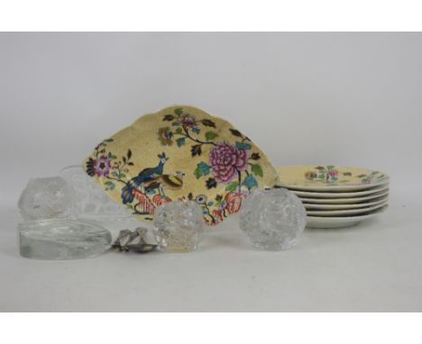 Scandinavian glass paperweights and tealight holders, one signed, one with Ittala sticker, Spode Peacock and Peony pattern no
