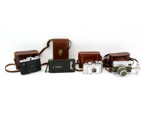 Derlux Camera by Gallus, France in leather case, Netter camera, Kodak A120 camera and a Zeiss Werra 1 olive 35mm viewfinder c