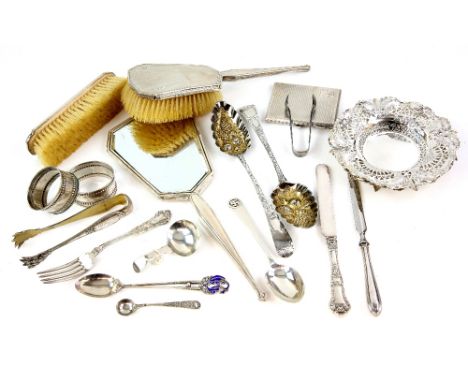 Selection of silver and silver-mounted items, including a pair of berry spoons, two napkin rings, a hand-mirror, hairbrush an