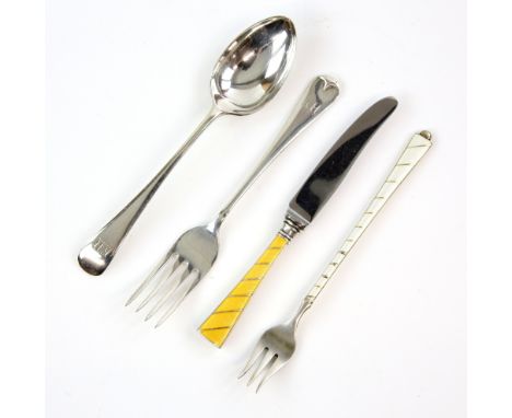 Cased silver two piece christening sets and an enamel Danish silver knife and fork.     