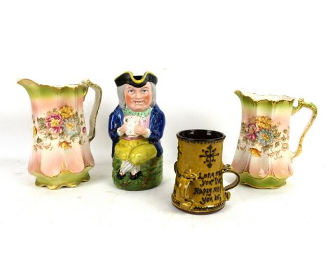 Various ceramics and glass to include Sylvac dog and a Mary Wondrausch mug (one shelf).     