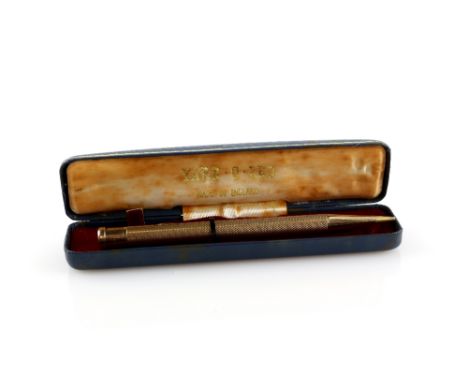 Cased Yard-O-Led gold propelling pencil with engine turned finished, initials R.P.J engraved in rectangular cartouche,  made 