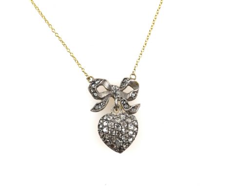 Antique rose cut diamond heart and bow pendant, mounted in silver, 2.2 x 1.6cm, on integrated belcher link chain, stamped 18c