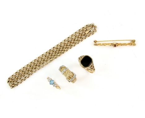 Mixed group of gold jewellery, including topaz and diamond set ring, size M, buckle ring, onyx signet ring, both size R, belc