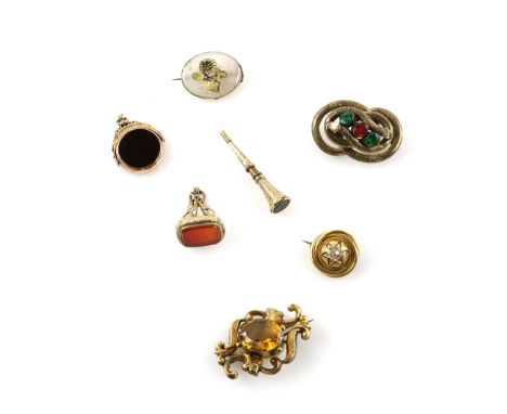 A group of antique jewellery, a button brooch with enamel paste and small rose cut diamonds mounted in15 ct, two fobs, both i