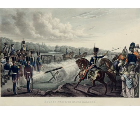 19th century print, 'The Mortar Battery at Woolwich', 40cm x 46cm, and four other military prints.(5) .     