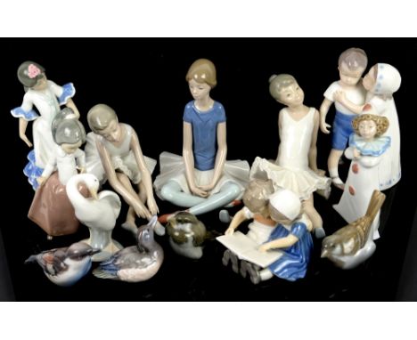 Bing and Grondahl, Lladro and Nao figurines to include children reading, birds, ballerina 1358 and others (13 in lot).     