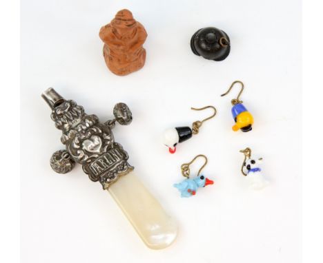 Miscellaneous group of of silver and jewellery, an antique silver and mother of pearl rattle/ whistle, a Bavarian terracotta 