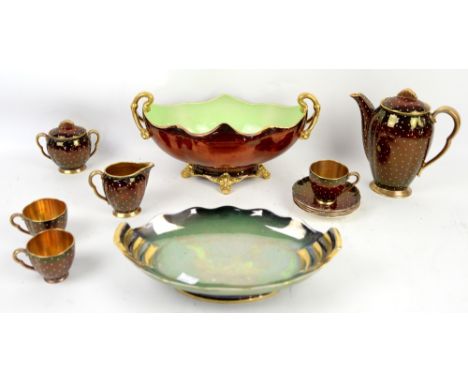 Carltonware Rouge Royale coffee service with white polka dot decoration, a bowl and a Vert Royale dish,.     